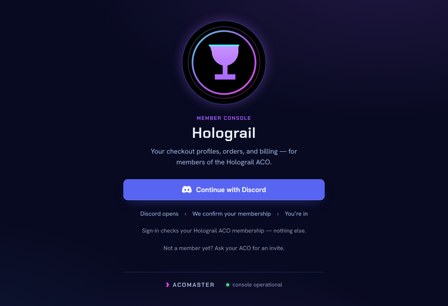 The demo ACO Holograil's branded sign-in gate: its own logo, violet accent, and a Continue-with-Discord button on its own subdomain.