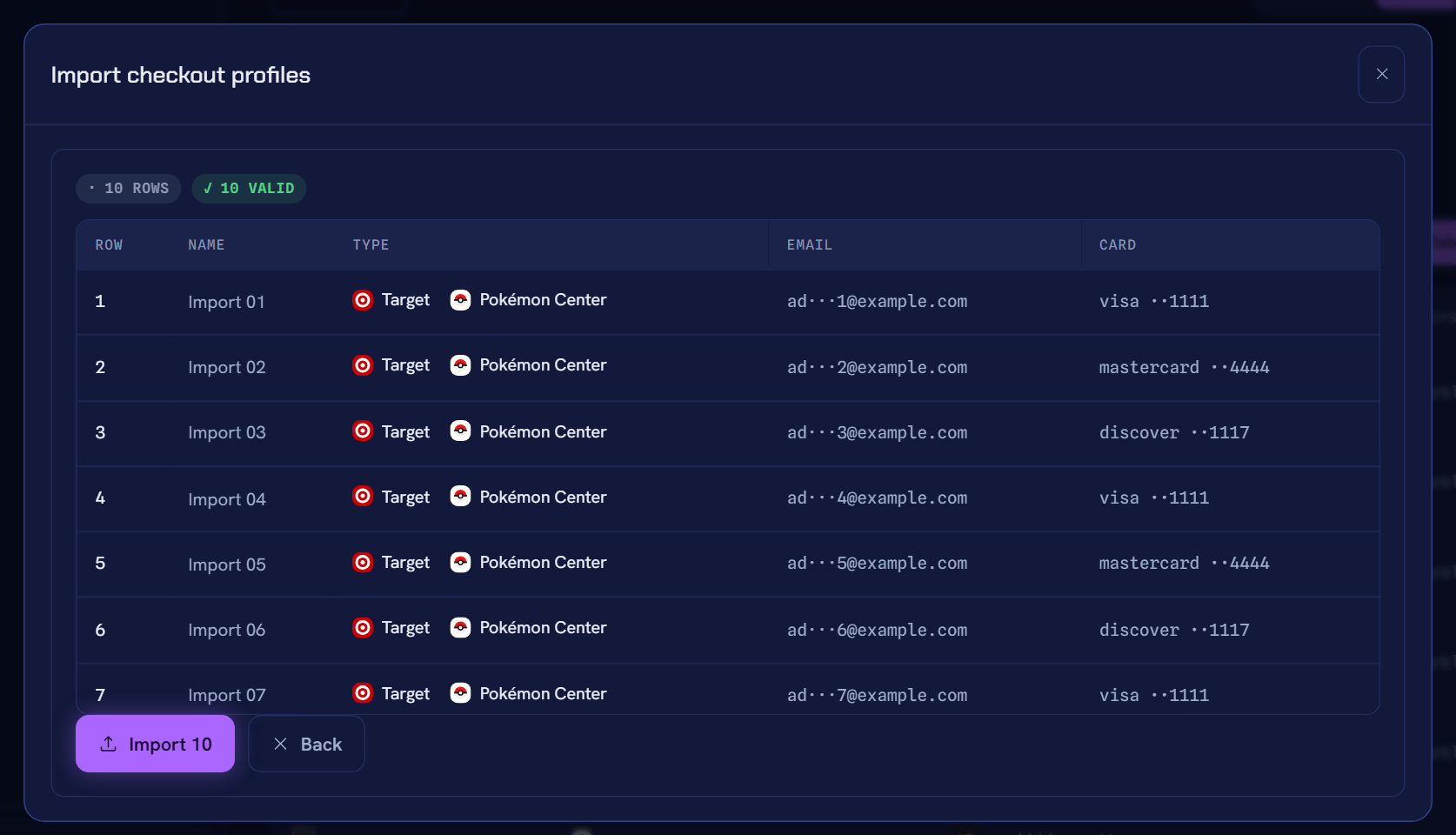 The import wizard preview: a bot-format file parsed into named checkout profiles with addresses, ready to commit — no errors.